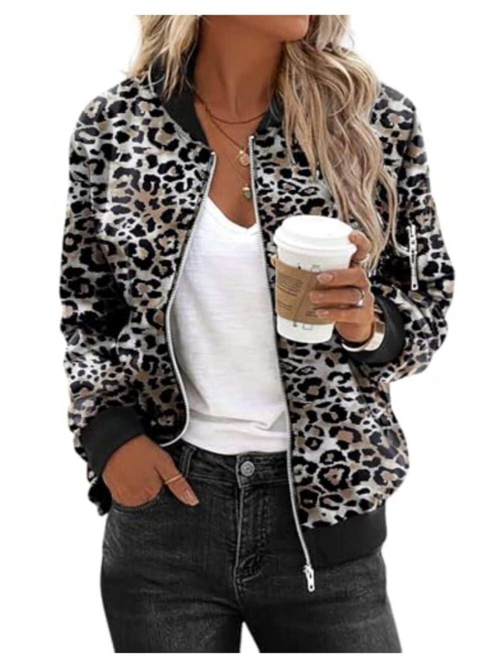 Womens Zip Up Bomber Jacket Long Sleeve Casual Coat with Pockets
